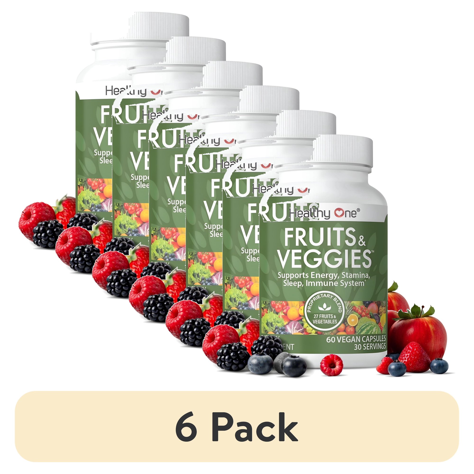 (6 pack) Healthy One Fruits and Veggies Supplement Capsules, 27 Superfood Vitamins, Gluten Free, Dairy-Free, 60 Capsules