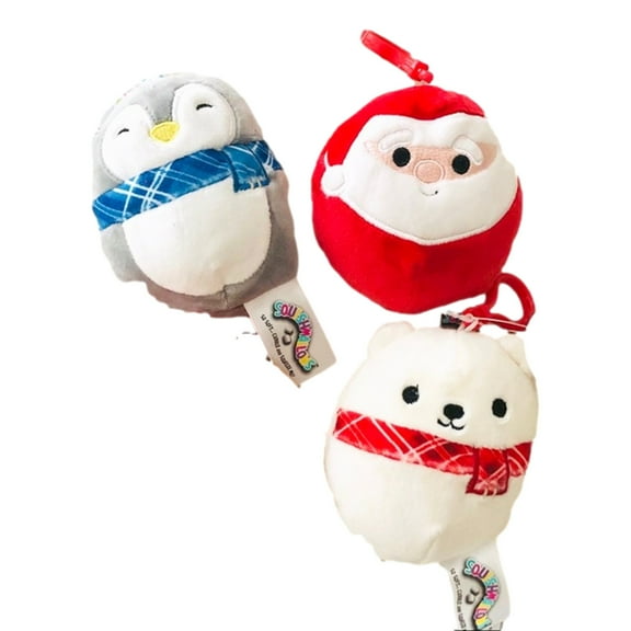 Squishmallow Clips Bundle (3 Pack, Penguin, Santa, Polar Bear, 3.5 in ea) Clip On Christmas Plush Keychain Hanging Ornament