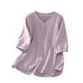 thumbnail image 3 of XPMWRP Women's Cotton Linen Button Down Short Sleeve Shirts Summer Loose V Neck Casual Oversized Solid Blouses Purple XXL, 3 of 7
