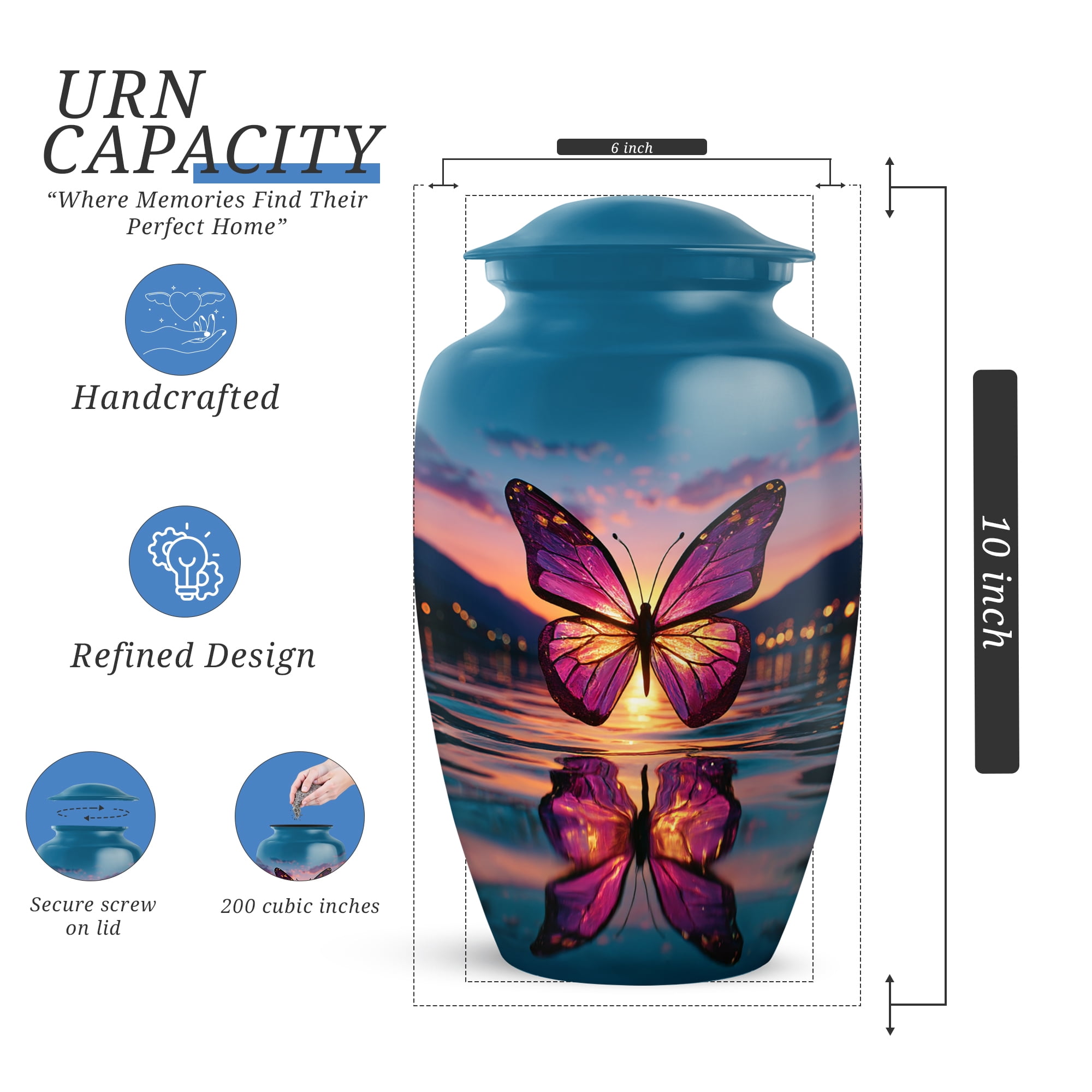 Butterfly Purple Urns For Human Ashes Mother - Large Blue Urns For Human Ashes Adult Male - Memorial Cremation Urns For Man And Woman - Funeral Urn For Grandfather, 10 Inch
