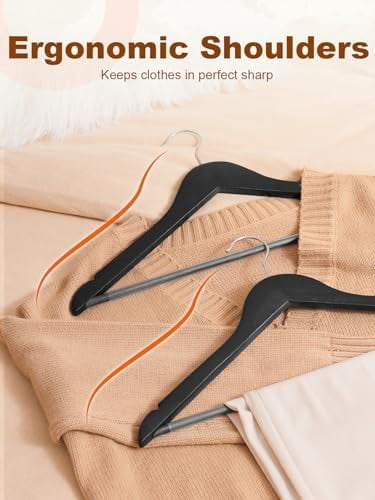 Black Wooden Hangers 20 Pack, Solid Wood Hanger with Non Slip Pant Bar, Heavy Duty Wooden Coat Hanger for Closet, Smooth Finish Wood Clothes Hangers for Shirts, Suits, Jackets, Dress