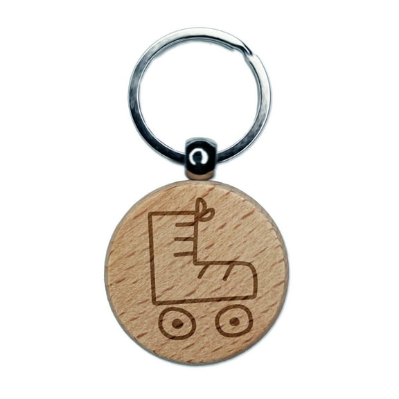 Roller Skate Round Keychain Charm Tag - Engraved Wood