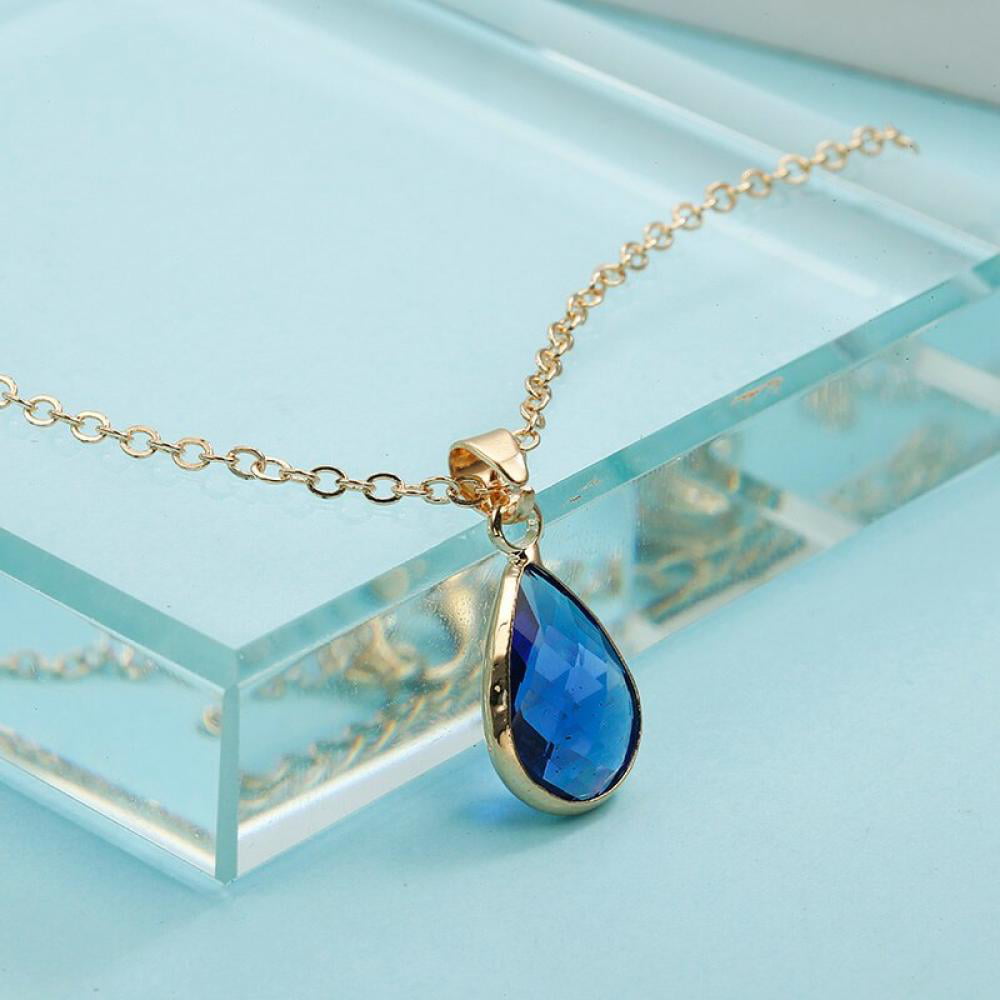 Women Crystal Water Drop Birthstone Natural Stone Pendant Charm Necklace Chain 