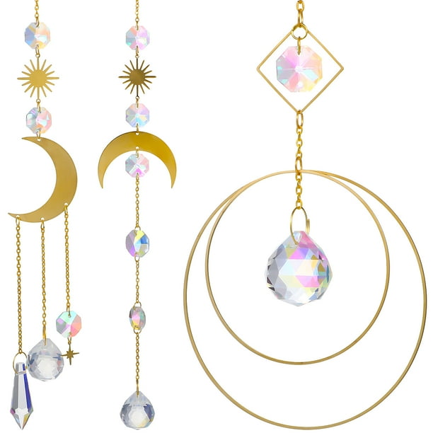3 atrapasoles de cristal para ventana, colgante de luna y prisma, campanilla de viento decorativa para el hogar y el jardín.