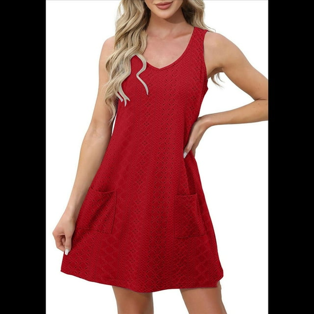 Vestidos de Mujer Sin Mangas con Cuello en V y Bolsillos, Color Rojo, Talla XXL