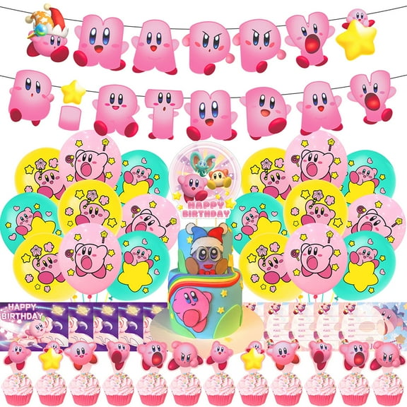 Kids Birthday Party Decoration Supplies Set, Cute Pink Kirby Banner Balloons Cake Topper Cards Invitation Card Set