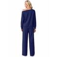 thumbnail image 6 of JWD Women's Off Shoulder 2 Piece Knit Matching Set Long Sleeve Pullover Top with Drawstring Wide Leg Pants Navy Blue XL, 6 of 6