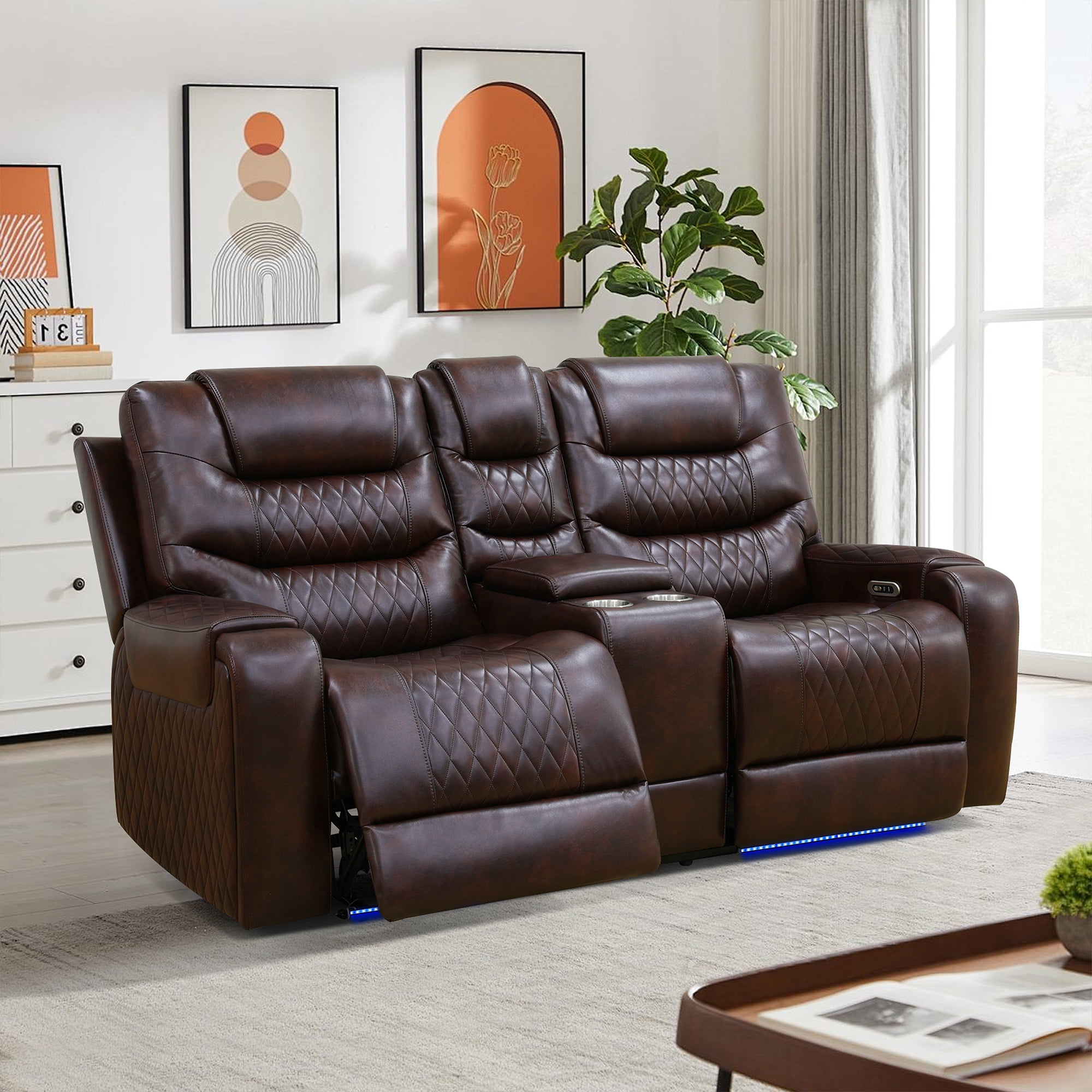 Gewnee Loveseat Power Reclining Multifunctional Sofa, Air Leather, Storage Console, Cup Holders,Dark Brown