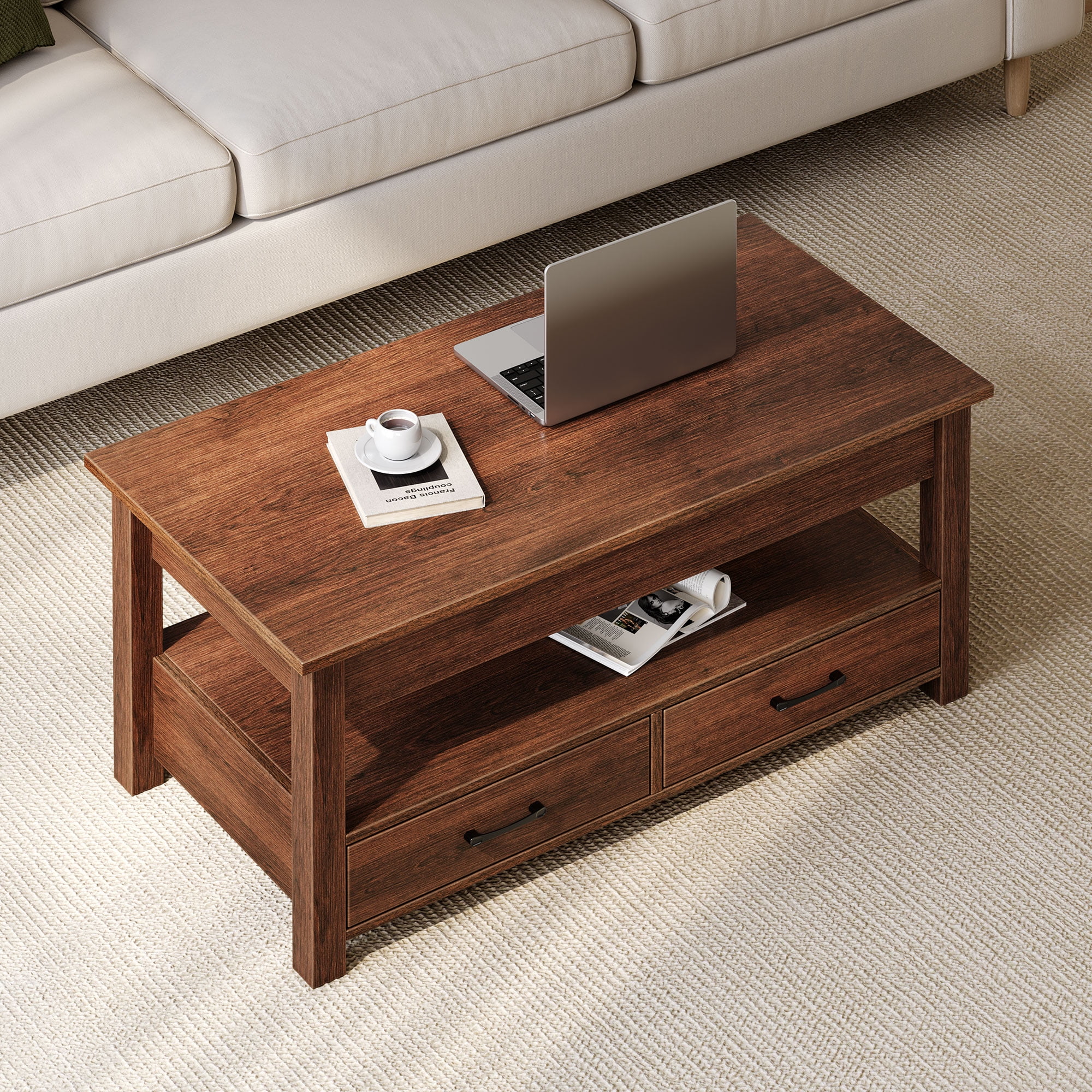 Greenstell Lift Top 39"Wide Coffee Table with 2 Drawers Hidden Storage and Storage Shelf for Living Room, Espresso