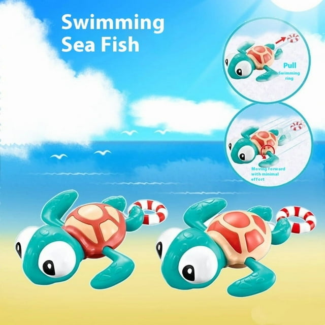 Baby bath water toy - 2 pack Pull-String Swimming Sea Friends Bath Toy, No Battery Mold-Free Anti-Rust Interactive Toy for Kids (Turtle with Swim Ring)(Red shell and skin color shell)