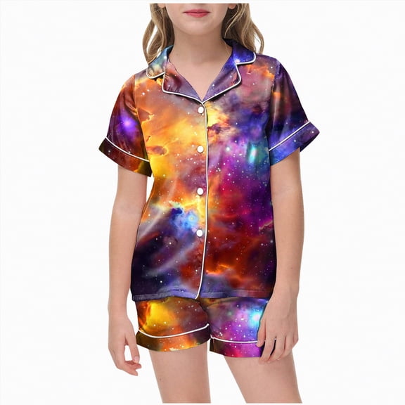 JUMEYU Kids Pajama Big Girls Button Down Pajama Set 2pcs Short Sleeve with Shorts Sleepwear Size 10-11 (Orange,10-11 Years)