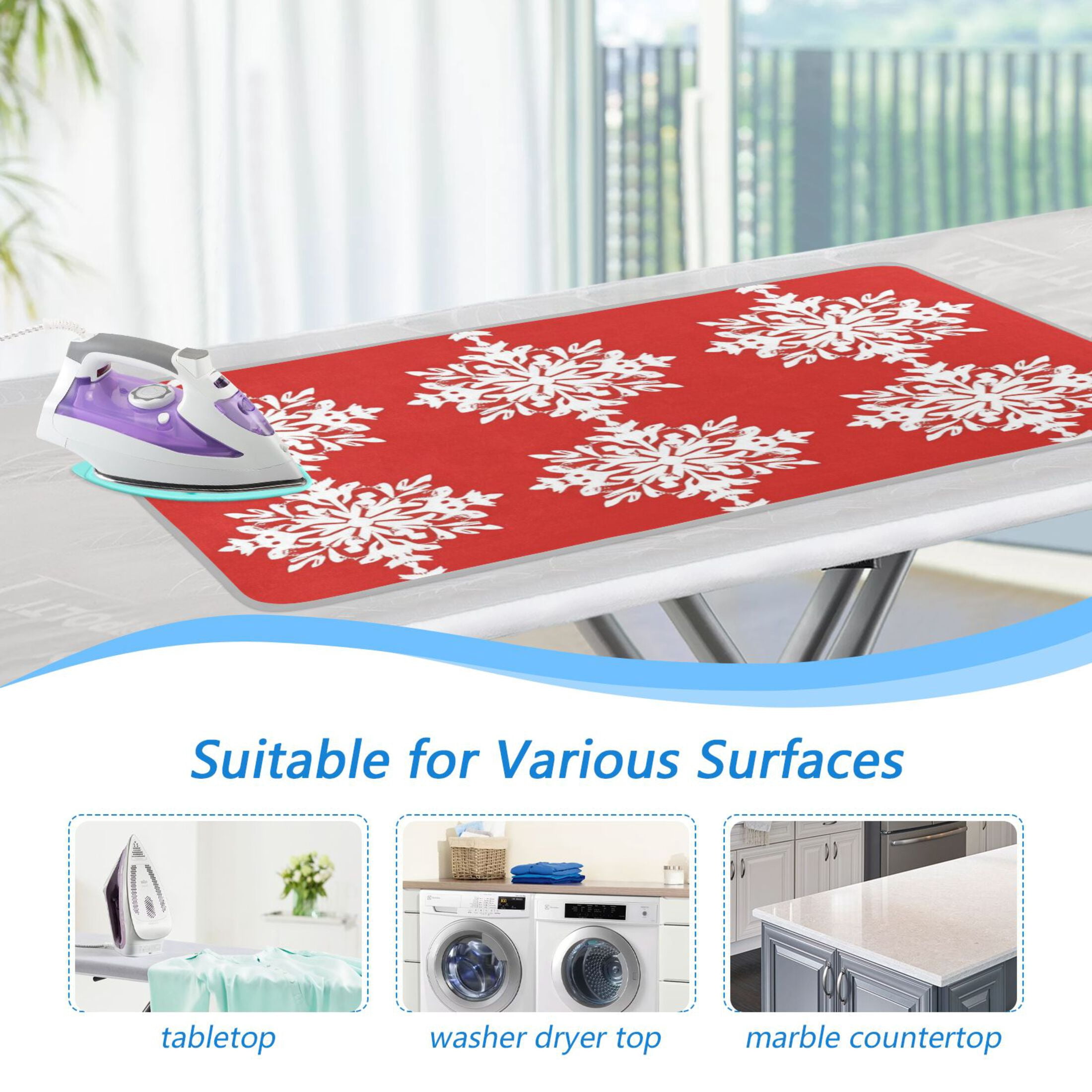 Red Background Christmas Snowflakes Ironing Mat Blanket Portable Travel Ironing Pad Heat Resistant Pad 47.2" x 27.6”