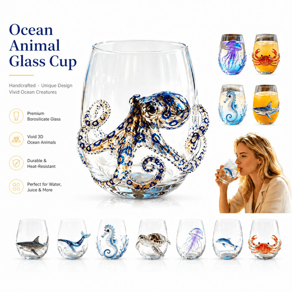 Artisanal Blue Ringed Octopus Glassware, Ocean Fantasy Embossed Glass Collection,Elegant Transparent Water Cup for Home Office Daily Coffee Juice Beverage Serving(Octopus)