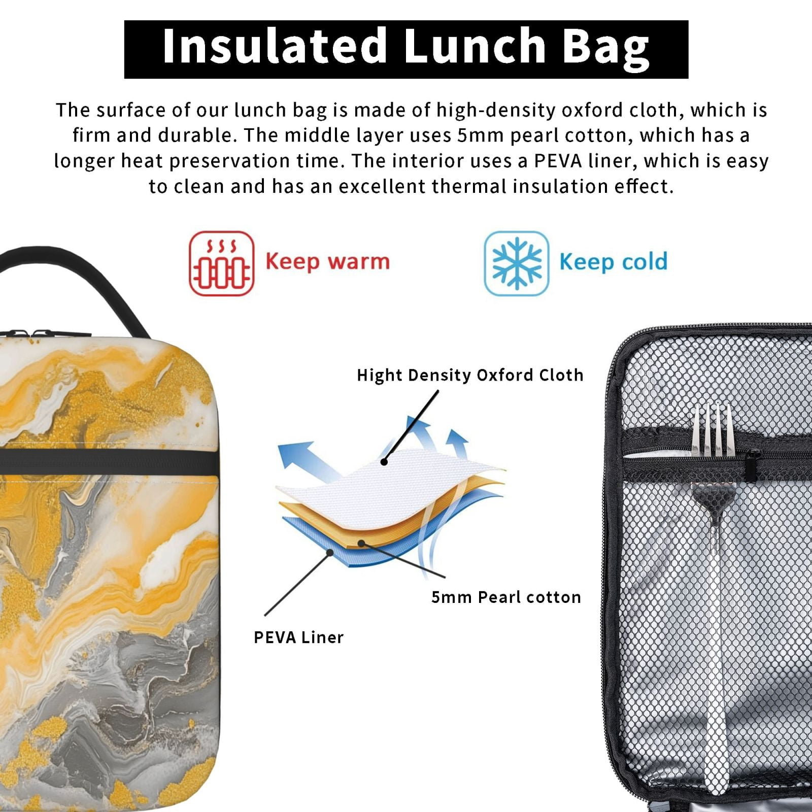 Lunch Bag For Women Men Insulated Portable Lunch Box Bento Box Office Picnic Travel Cooler Bag Gold Marble_4