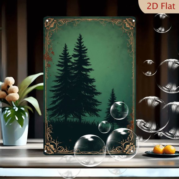 1pc Metal Wall Sign, 8x12 Inches, Mystical Dark Green Pine Forest Landscape with Ornate Vintage Frame, Rustic Evergreen Tree Nature Art Plaque, Ideal for Home, Cabin, Lodge, Patio, Garage, Cafe,