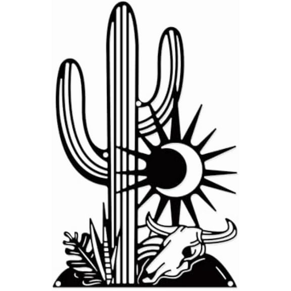 Cactus Wall Decor Iron Wall Sculpture with Screws Black Metal Art Ornament Plants Bull Decorative Sun Moon Wall Hanging Artwork for Living Room Indoor Outdoor Home Gunmetal Color