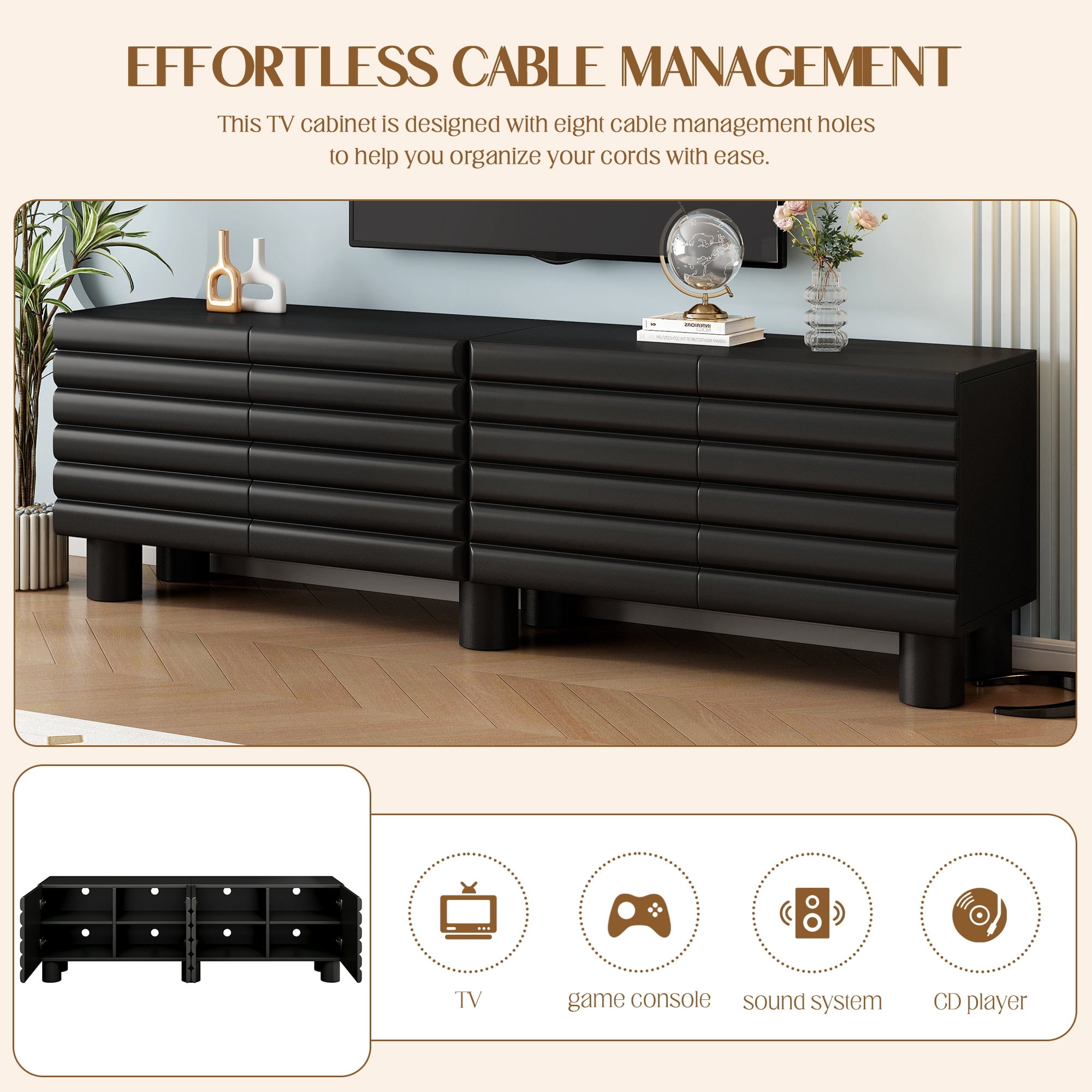 Euroco Stylish Thick Wavy Door TV Cabinet with Adjustable Shelves, Cream Style TV Stand with 4 Cabinets for TVs Up to 75", Solid Media Console with Cylindrical Legs and Cable Holes