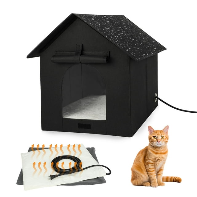 Grande Maison pour Chat Chauffée Extérieure, Abri Chauffant à Double Porte, Maison pour Chat Pliable et Résistante aux Intempéries avec Coussin Chauffant pour Chat, Lit pour Chiot (avec Instructions)