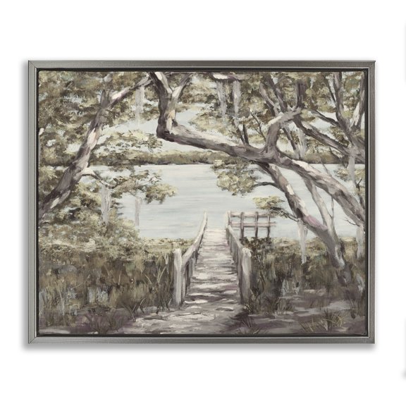 Stupell Industries Rustic Lodge Nature Waterfront Path Bridge Gray Floating Frame Canvas Art, 21 x 17, by Julie DeRice