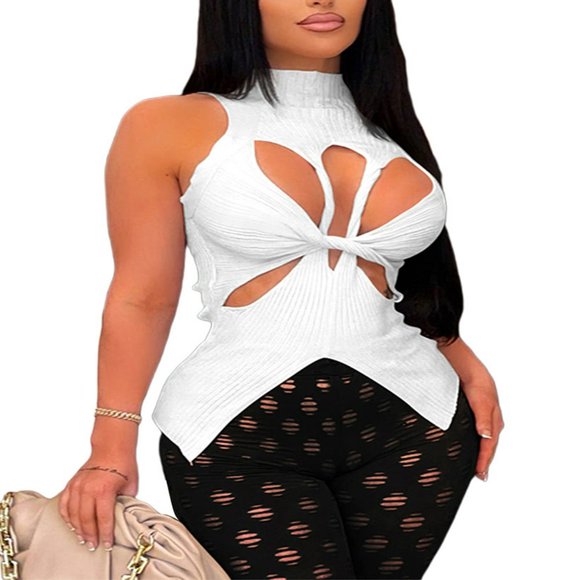 Women‘s Cut Out Crisscross Crop Top Sleeveless Mock Neck Hollow Out Tank Top Knitted Vest White L