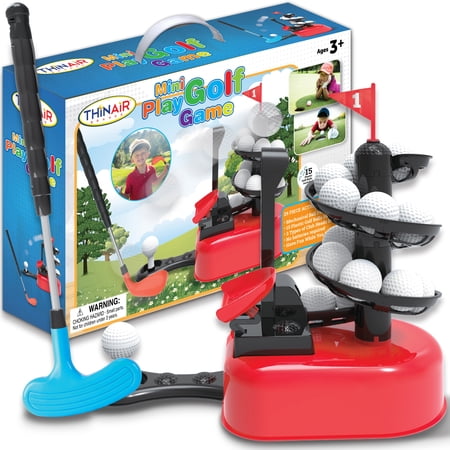 Thin Air Toys Kids’ Golf Set | Durable Plastic Indoor & Outdoor Set Comes with 15 Kids’ Golf Balls  Mechanical Tee & Kids’ Golf Club with 3 Clubheads for Righthand Play