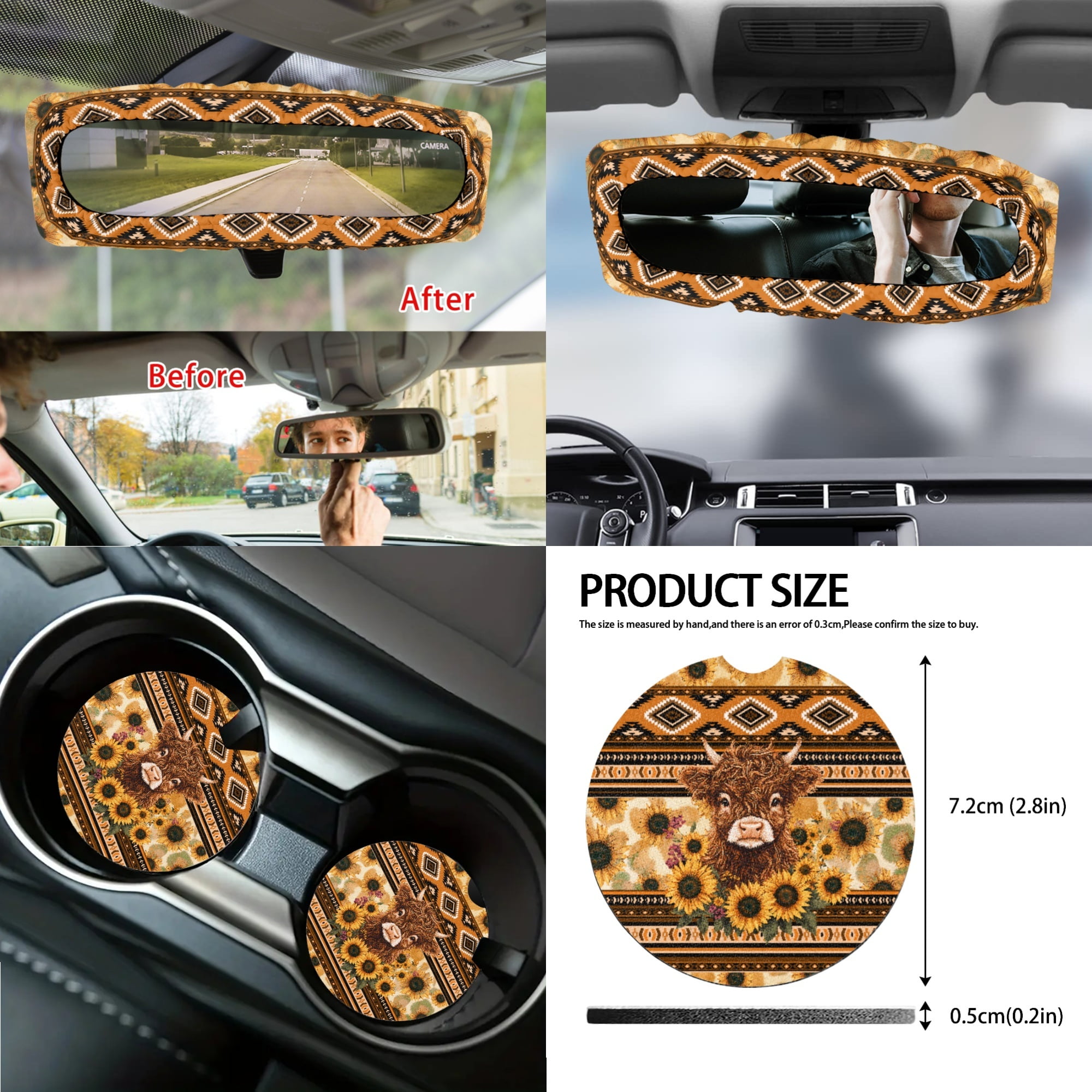 Renewold American Tribal Highland Cow Sunflower 14 PCS Car Seat Cover Full Set with Steering Wheel Seat Belt Strap Pads Cup Coasters Trash Bag Rearview Mirror Armrest Pad Handbrake Cover Set