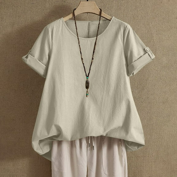 Beige Womens Blouses Summer Tops for Women 2025 Trendy Short Sleeve Cotton Linen Shirt Casual Button O Neck Tunic Blouses Outfits Ladies Tops and Blouses