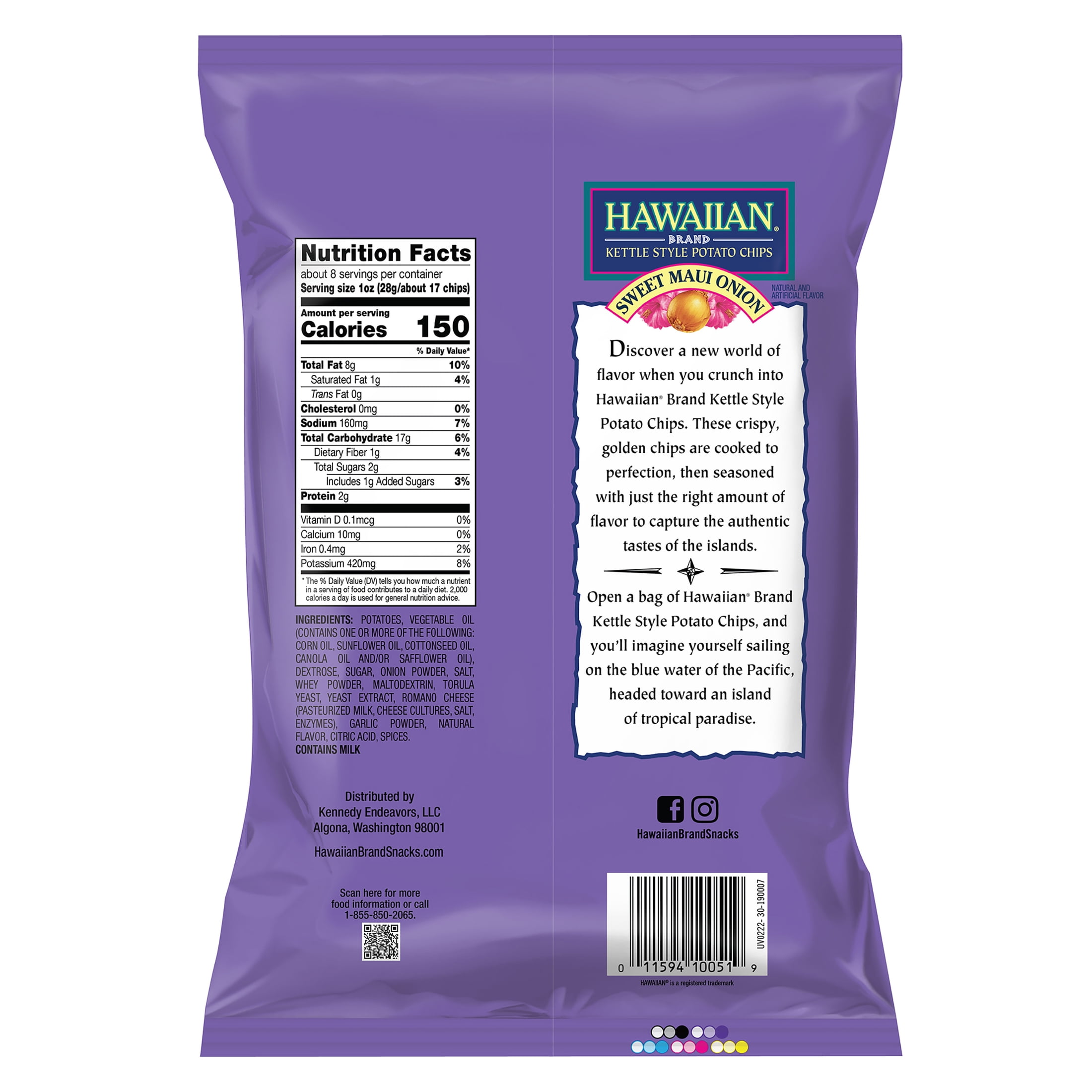 (3 pack) Hawaiian Brand Sweet Maui Onion Kettle Style Potato Chips, Gluten-Free, 7.5 oz Bag