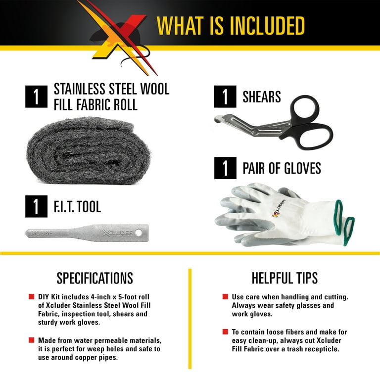 Xcluder Stainless Steel Wool Fill Fabric, DIY Kit with Inspection Tool 