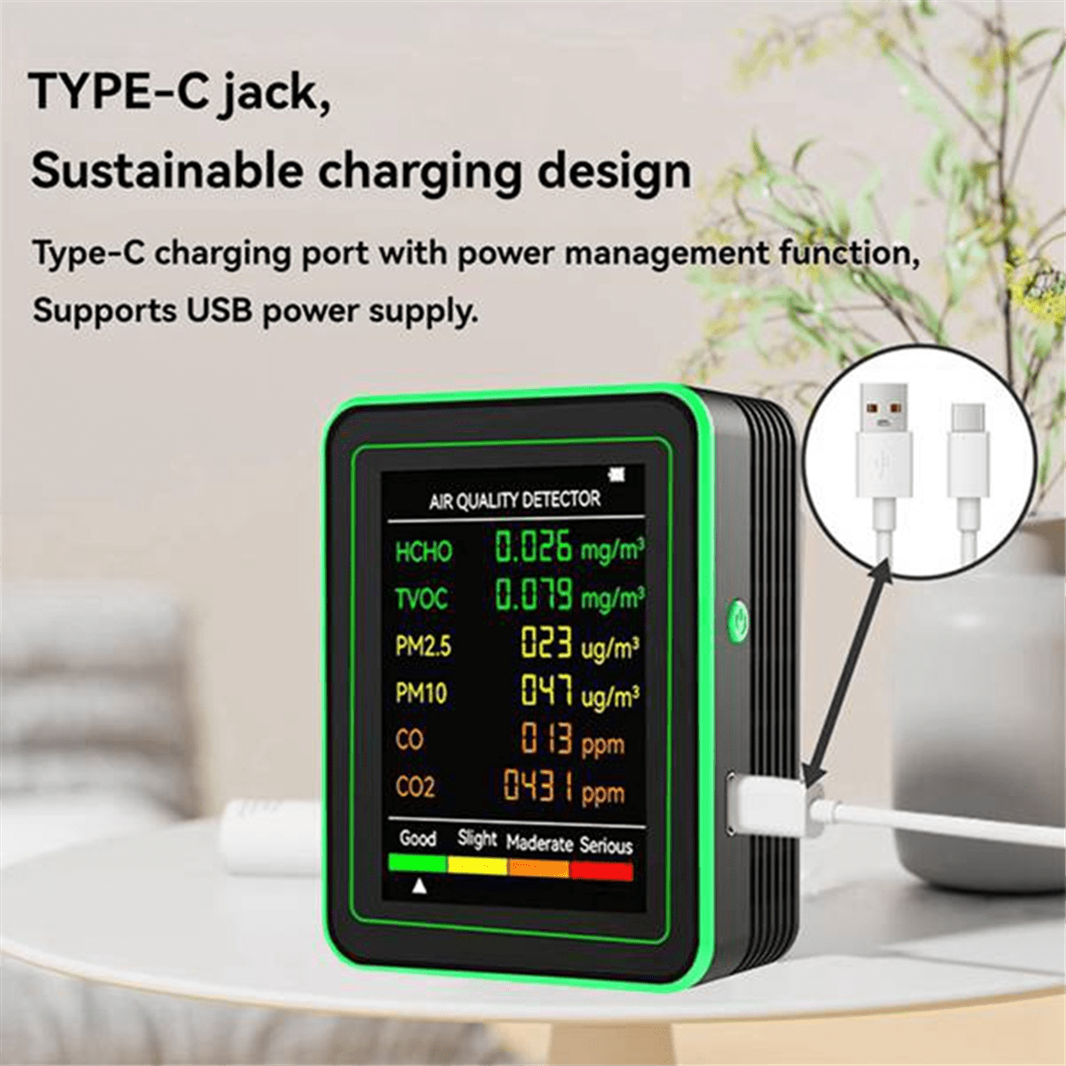 WiFi 6-in-1 Indoor Air Quality Monitor HCHO TVOC CO 2 CO PM10 PM2.5 Meter Gases Detecting Intelligent Black,1 x 6 In 1 Air Quality Monitor 1 x Bracket,Black