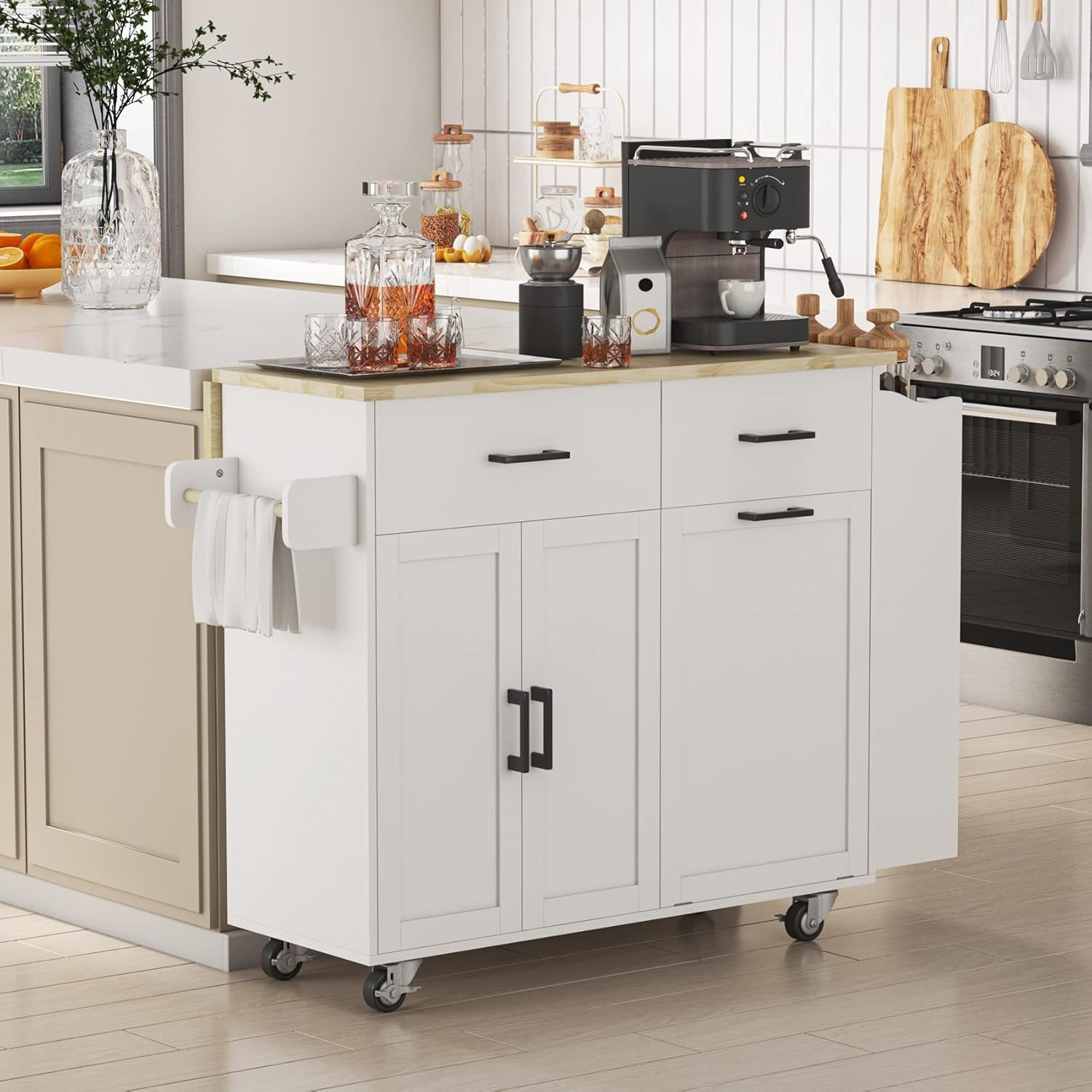 HAUXITIO Kitchen Island Cart with Drop Leaf,2 Drawers & Trash Can, Rolling Storage Cart with Spice Rack,White