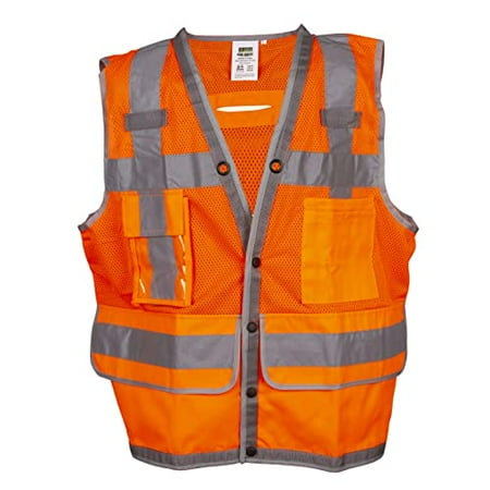 

Cordova VS2955XL Type R Class II Heavy Duty Orange Mesh Surveyors Vest Snap Closure 2-Inch Silver Reflective Stripes Gray Nylon Woven Trim Large Rear Tablet/Plans Snap Pocket 5X-Large