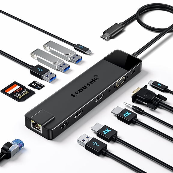 Lemorele TC100L 13 in 1 Docking Station for Triple Monitors, USB C Hub with Dual 4K HDMI, Gigabit Ethernet, VGA, 5 USB Ports, SD/TF, 3.5mm Audio, 100W PD, Multiport Adapter for Type C Laptops