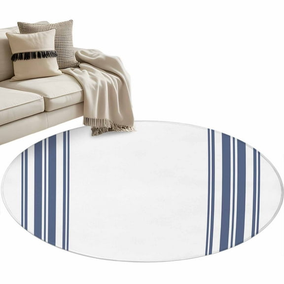 Abstract Geometric Blue Stripe, Round Area Rug 3 FT, Small Kitchen Bathroom Mat, White Backdrop Washable Indoor Outdoor Throw Runner Carpet Non-Shedding Doormat for Table Shower Sofa Entryway