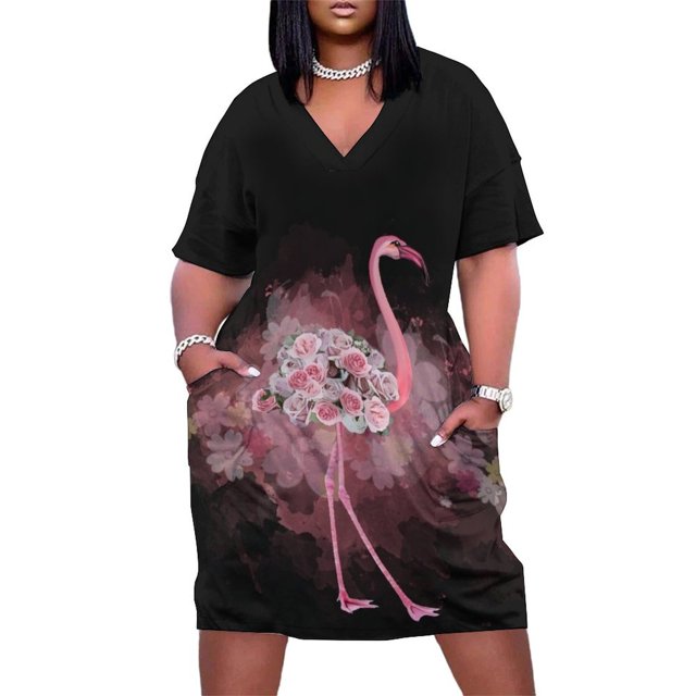 Vestido bandage holgado para mujer traje elegante con estampado de flamencos y rosas flores acuarela bolsillos verano
