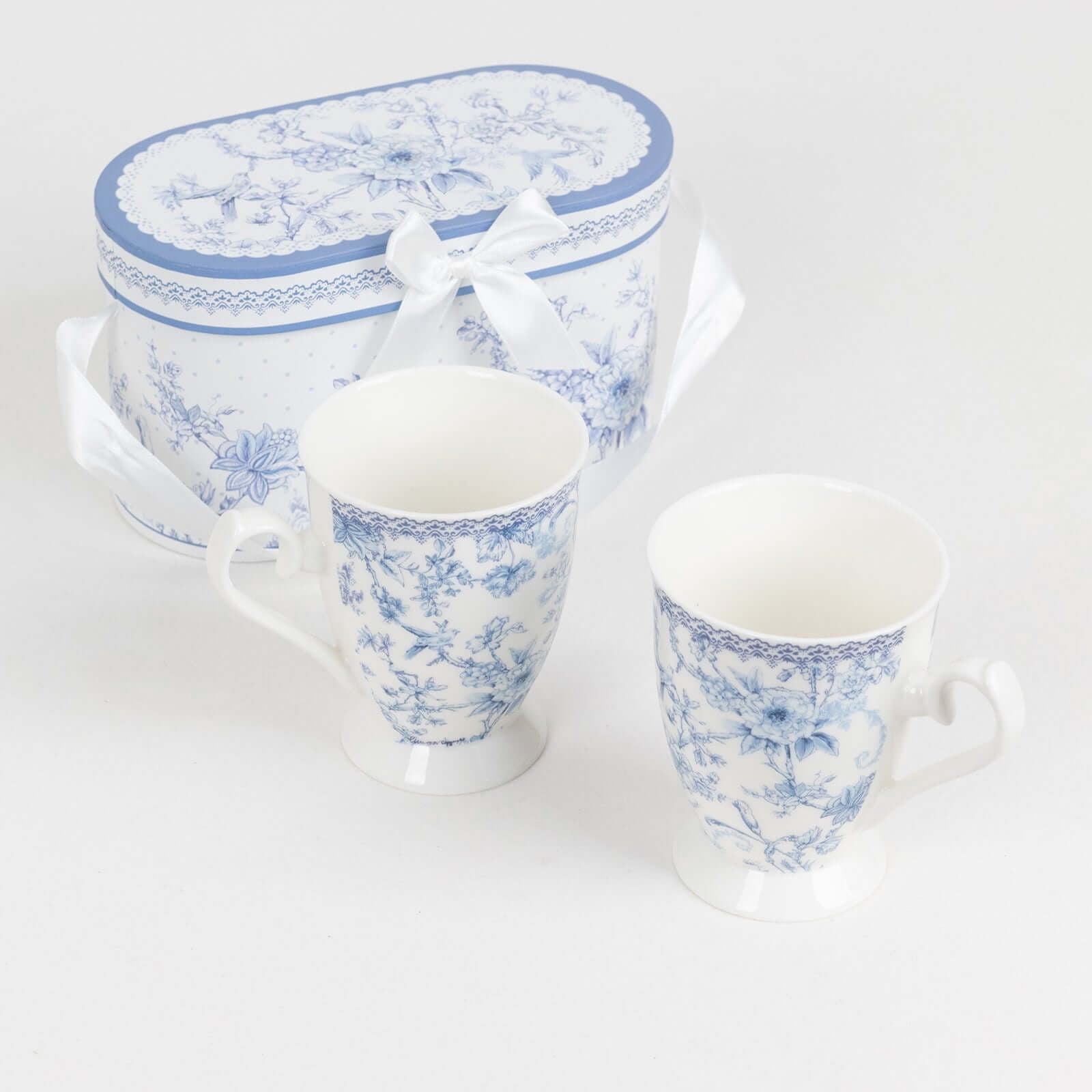 Efavormart 2 Pack White Blue Chinoiserie Porcelain Coffee Mugs With Gift Box and Satin Ribbon Handle, Bridal Shower Gift Set
