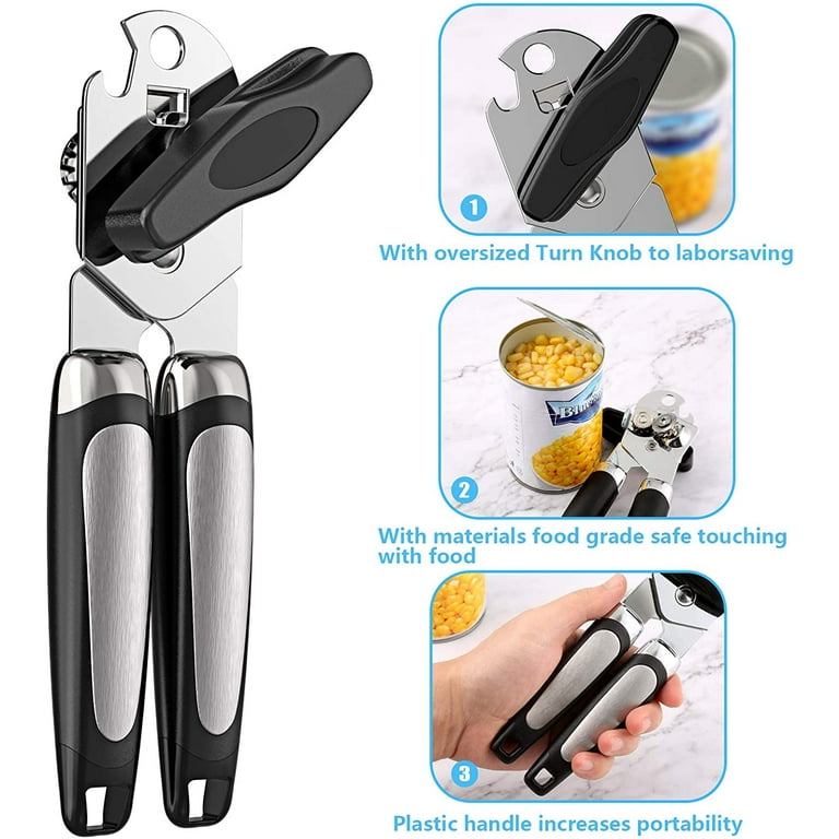 PrinChef Safety Can Opener Smooth Edge, Built-in Bottle Opener | Rust Proof  Can Opener Manual, with Sharp Blade| Handheld Can Openers Heavy Duty, Side