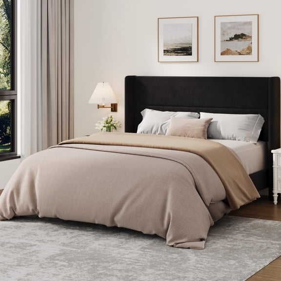 Queen Size Bed Frame with Wingback Headboard, Velvet Upholstered Platform Bed Frame, Wood Slats Support, No Box Spring Needed, Noise-Free, Black