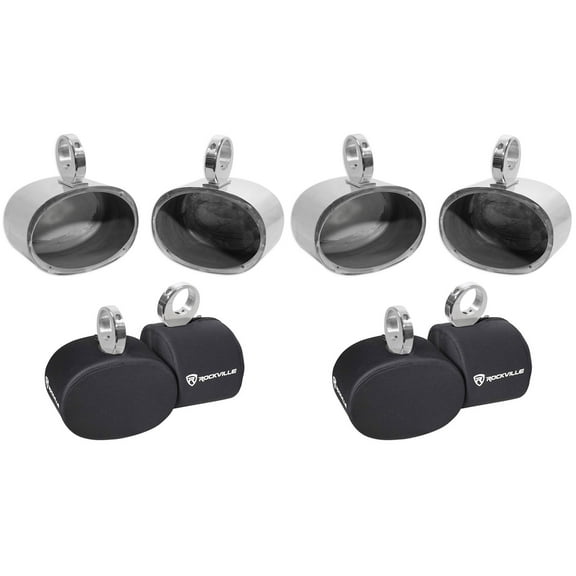 (4) Rockville MAC69S 6x9" Silver Aluminum Wakeboard Tower Speaker Pods Covers