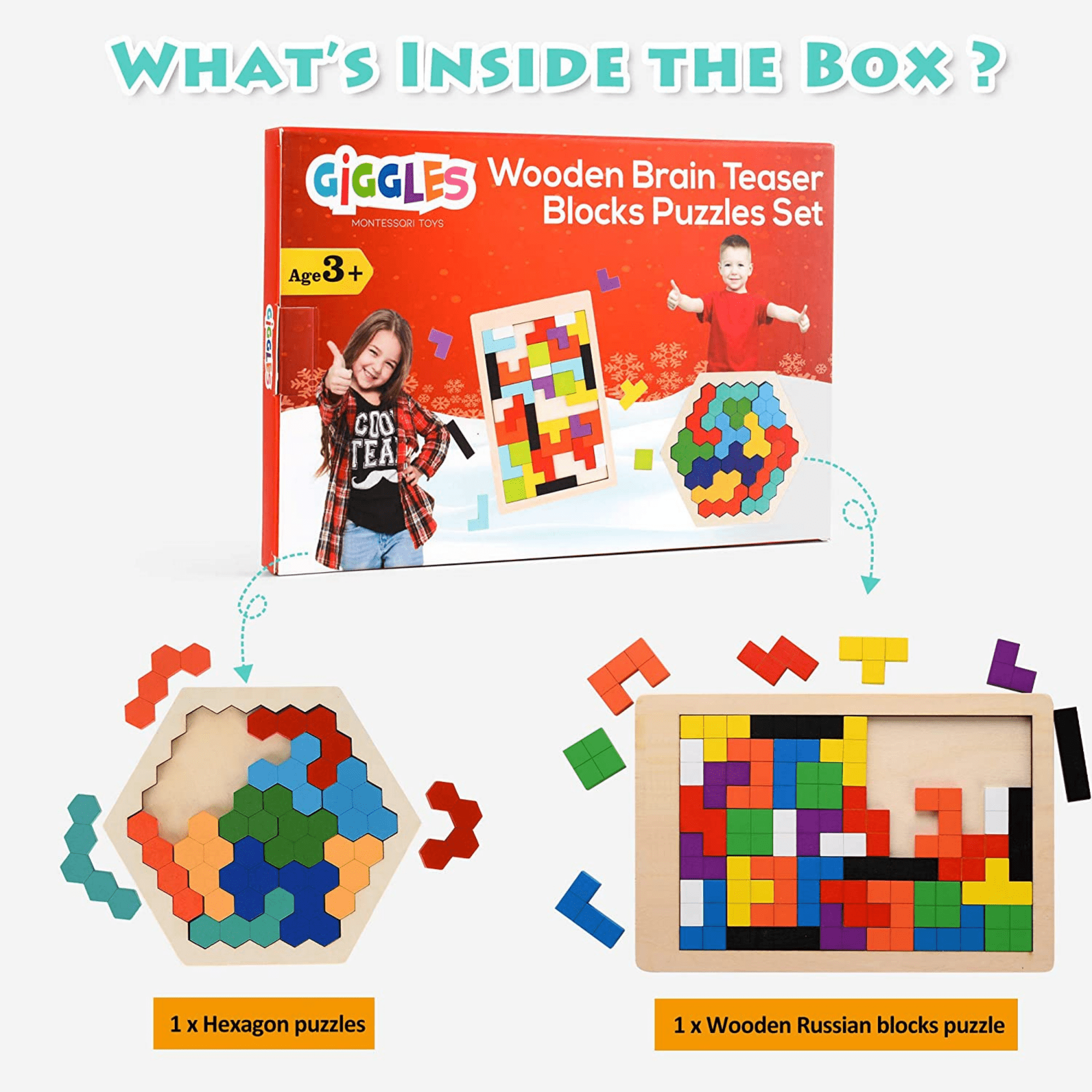 Wooden Blocks Puzzle Brain Teasers Toy，Wooden Puzzle Tangram,Cube 3D Puzzle  for Kids，Puzzles for Kids Ages 2-8, Montessori Kids Educational Puzzle