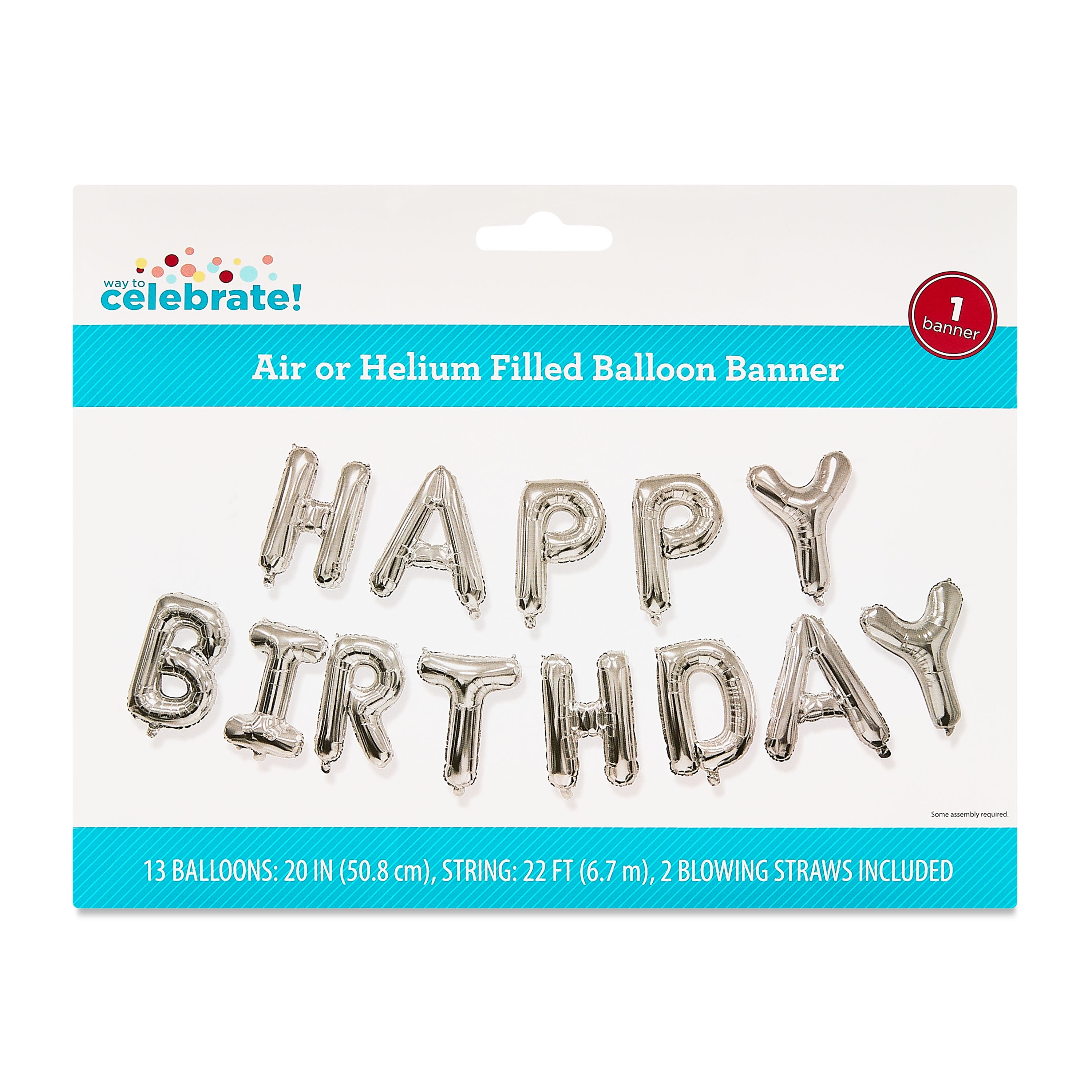 Silver Happy Birthday Air-Filled Balloon Banner, 16 Pieces, by Way To Celebrate