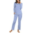 thumbnail image 4 of Conjunto de pijama de poliéster para mujer, informal, con estampado de cuello redondo, manga larga y pantalón largo, 4 of 8