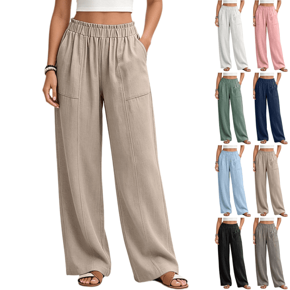 Sunnin Women Solid Color Relaxed Fit Trousers Elastic Waist Straight Leg Pants with Pockets