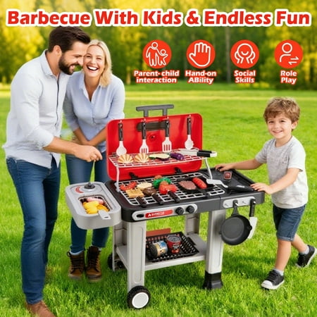JUGAAD LIFE 43 PCS Kids BBQ Grill Playset, Pretend Play Kitchen Toy Set, Barbecue Toy with Wheels, Sound Light, Outdoor Food Toys Cooking Set for Toddler, Birthday Gift Boys Girls