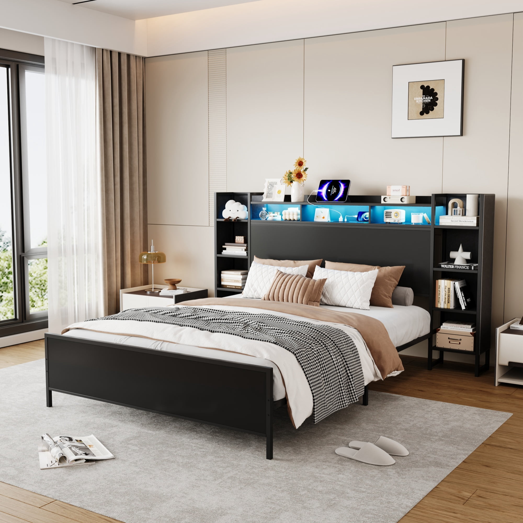 Mintazer Twin Size Bed Frame with LED Bookshelf Headboard & Charging Station, Modern Platform Bed for Bedroom Guest Room, Black