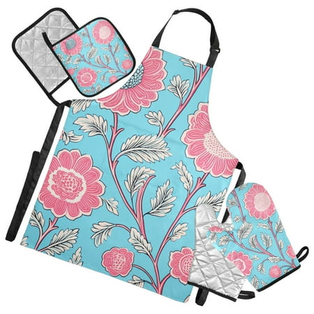 Pink Florals Blue Background Apron Set with Oven Mitts Pot Holders Set of 5 Kitchen Stuff Accessories