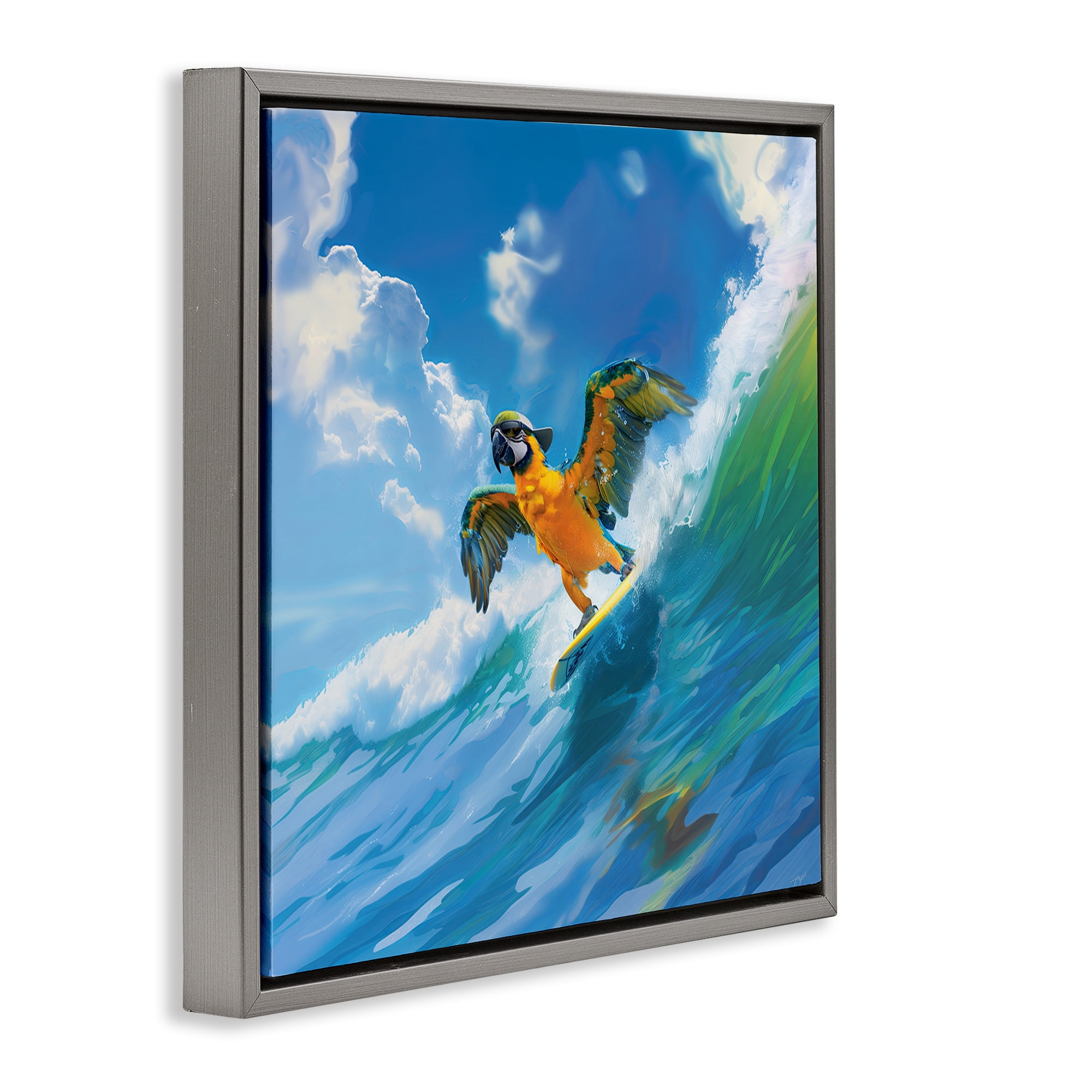 Stupell Industries Parrot Surfing Sea Waves Nautical & Beach Painting Gray Floater Framed Canvas Art Print Wall Art, 25 x 25