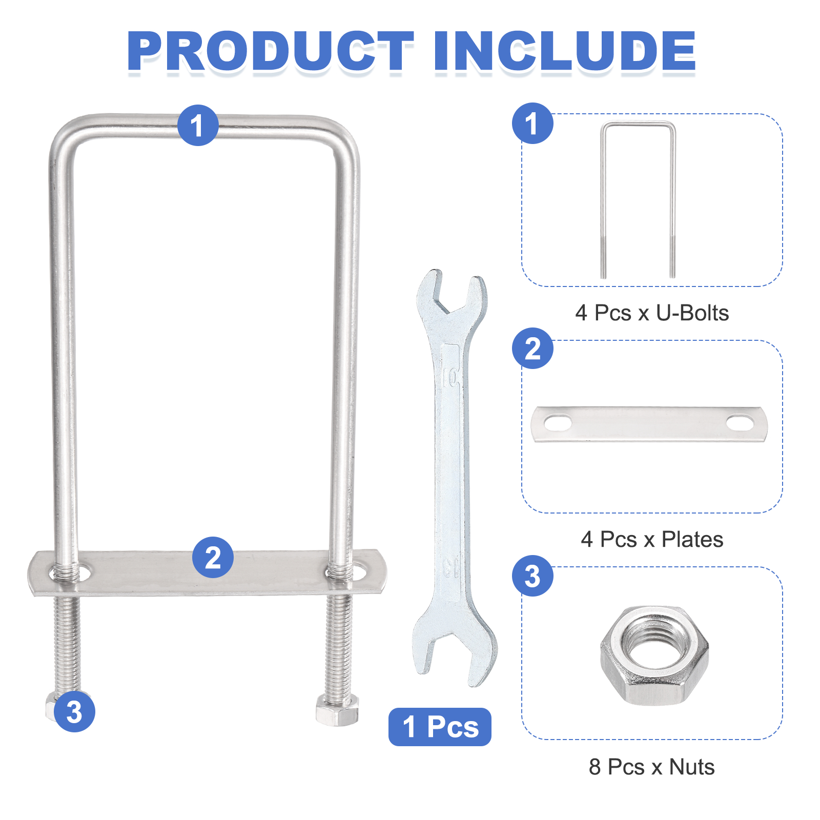 Uxcell 4 Sets M8 Square U-Bolts, 2.83" Inner Width 7.09" Length 304 Stainless Steel U Clamp Bolts with Nuts, Plates and Wrench