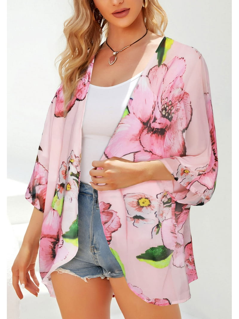 Women's Floral Kimono Cardigan – Loose Puff Sleeve Cover Up For Beach & Casual Wear