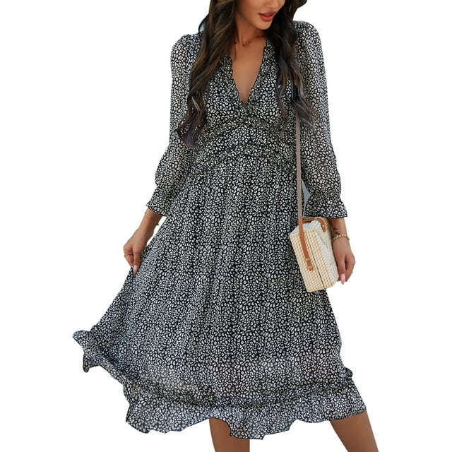 Innerwin Swing A-Line Robes Imprimé Floral Femmes Tunique Sundress Rue Double Couche Fluide Midi Robe Noire M